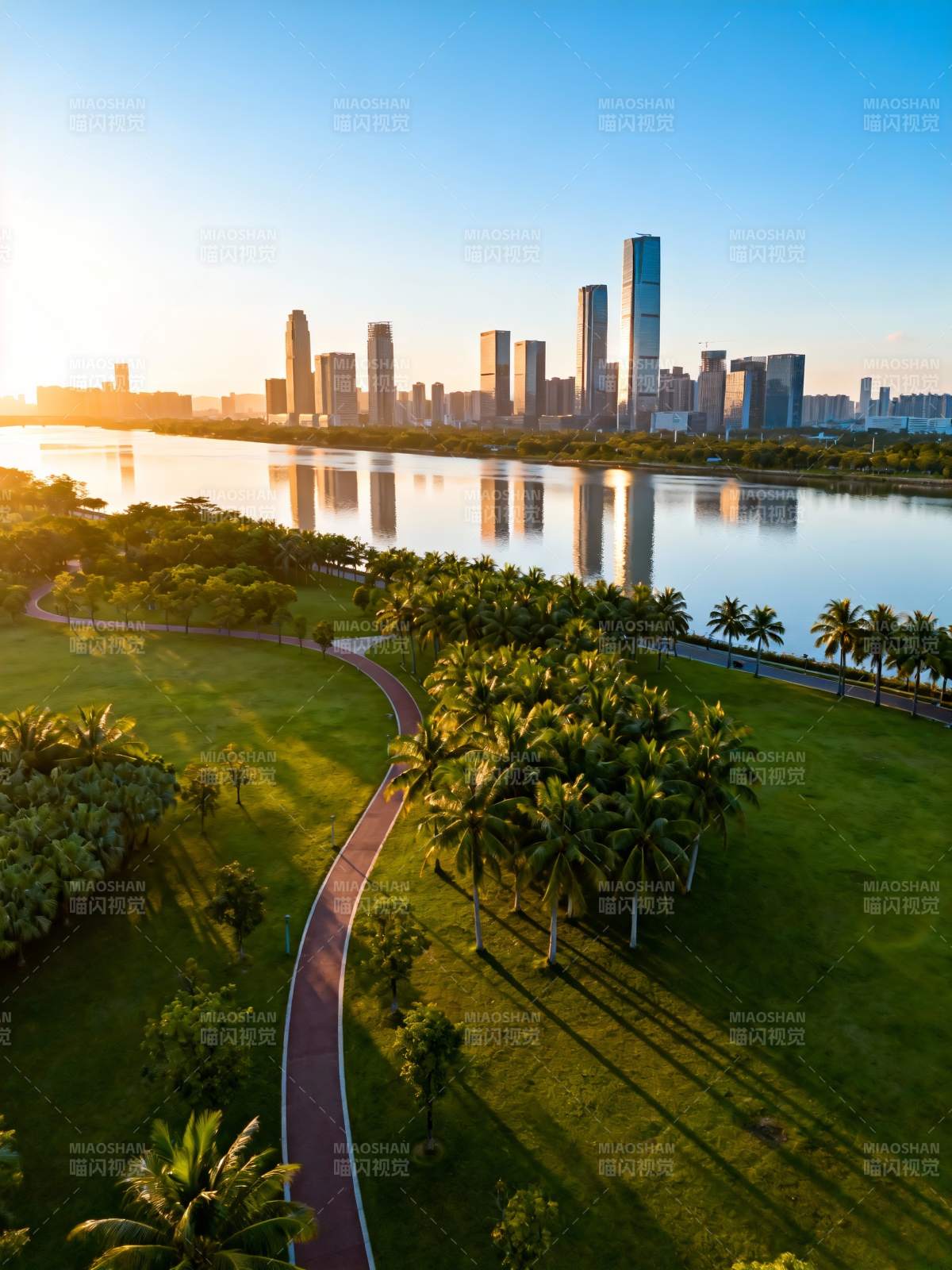 晨曦映城河 绿道绕椰林图片