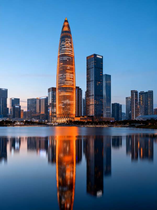 深圳湾夜景 塔影映水蓝图片