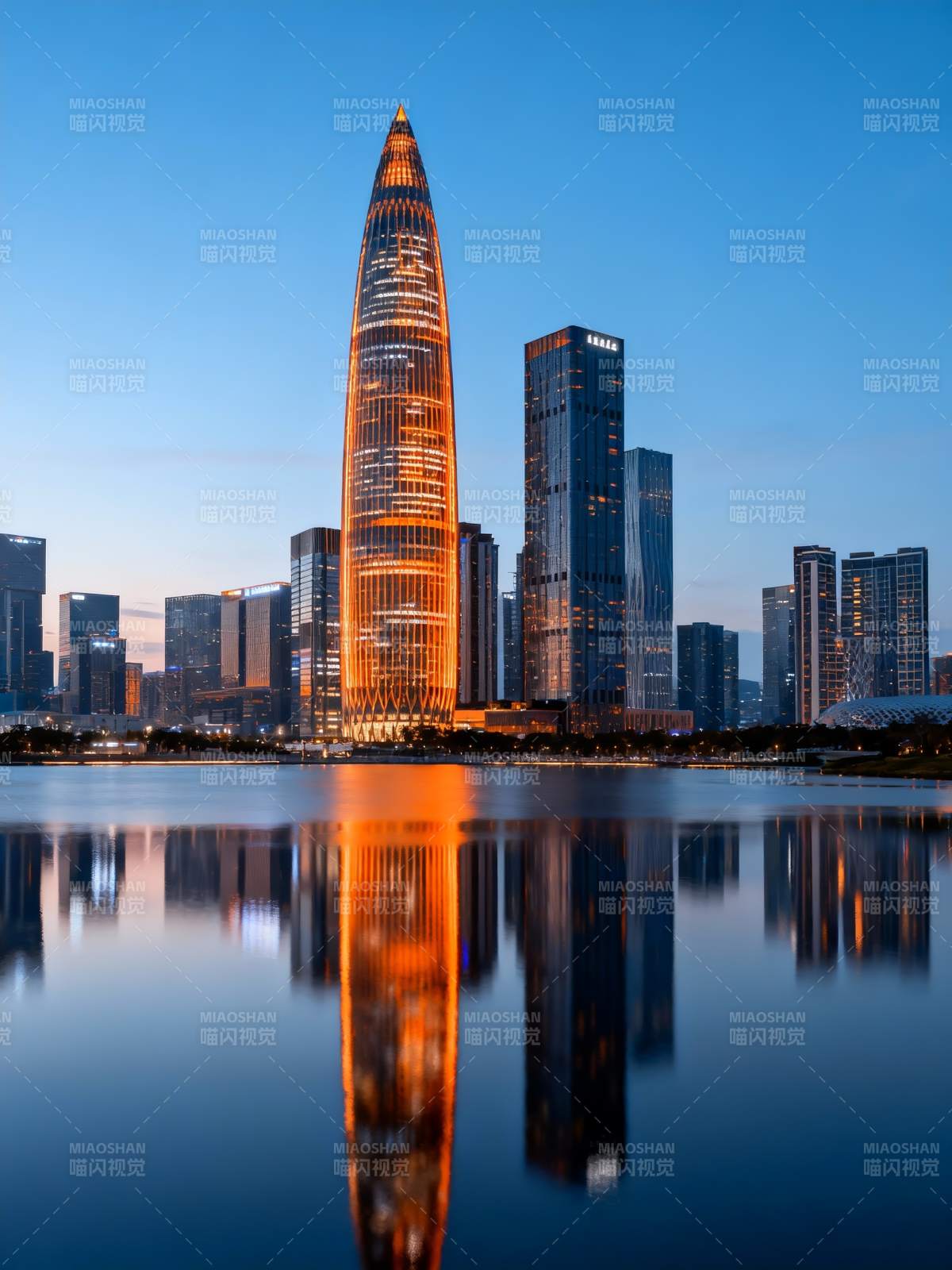 深圳湾夜景 塔影映水蓝图片