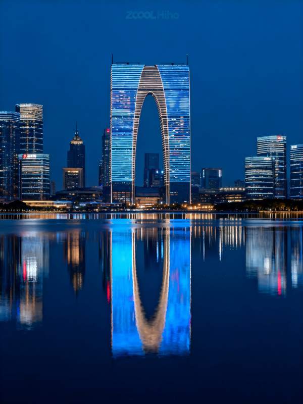 苏州夜景 东方之门倒影图片