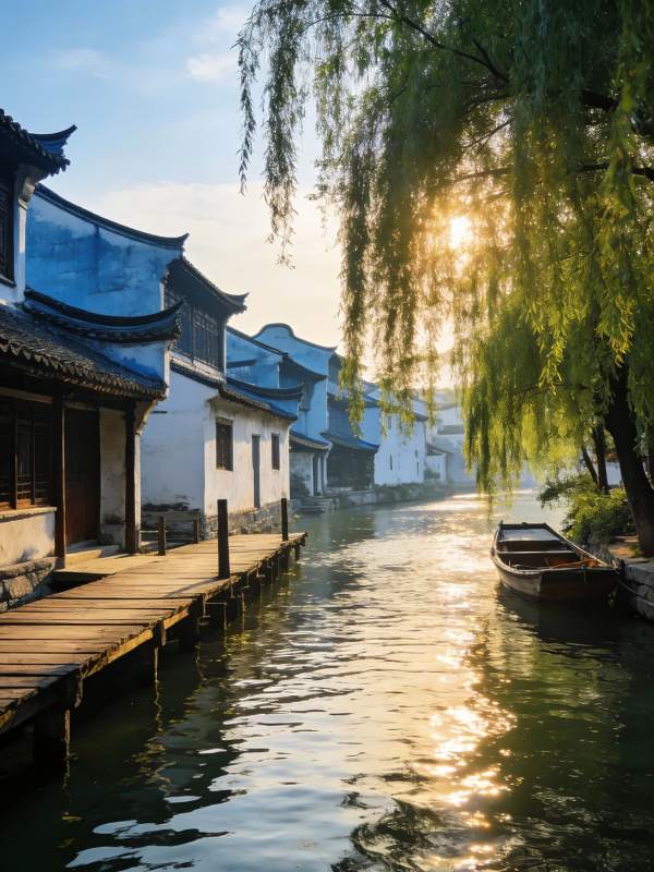 江南水乡 晨光柳影舟静图片