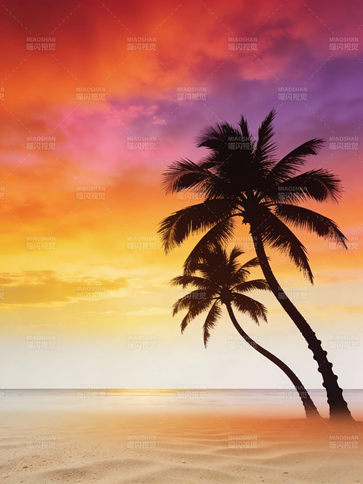椰影夕照 海天燃霞图片