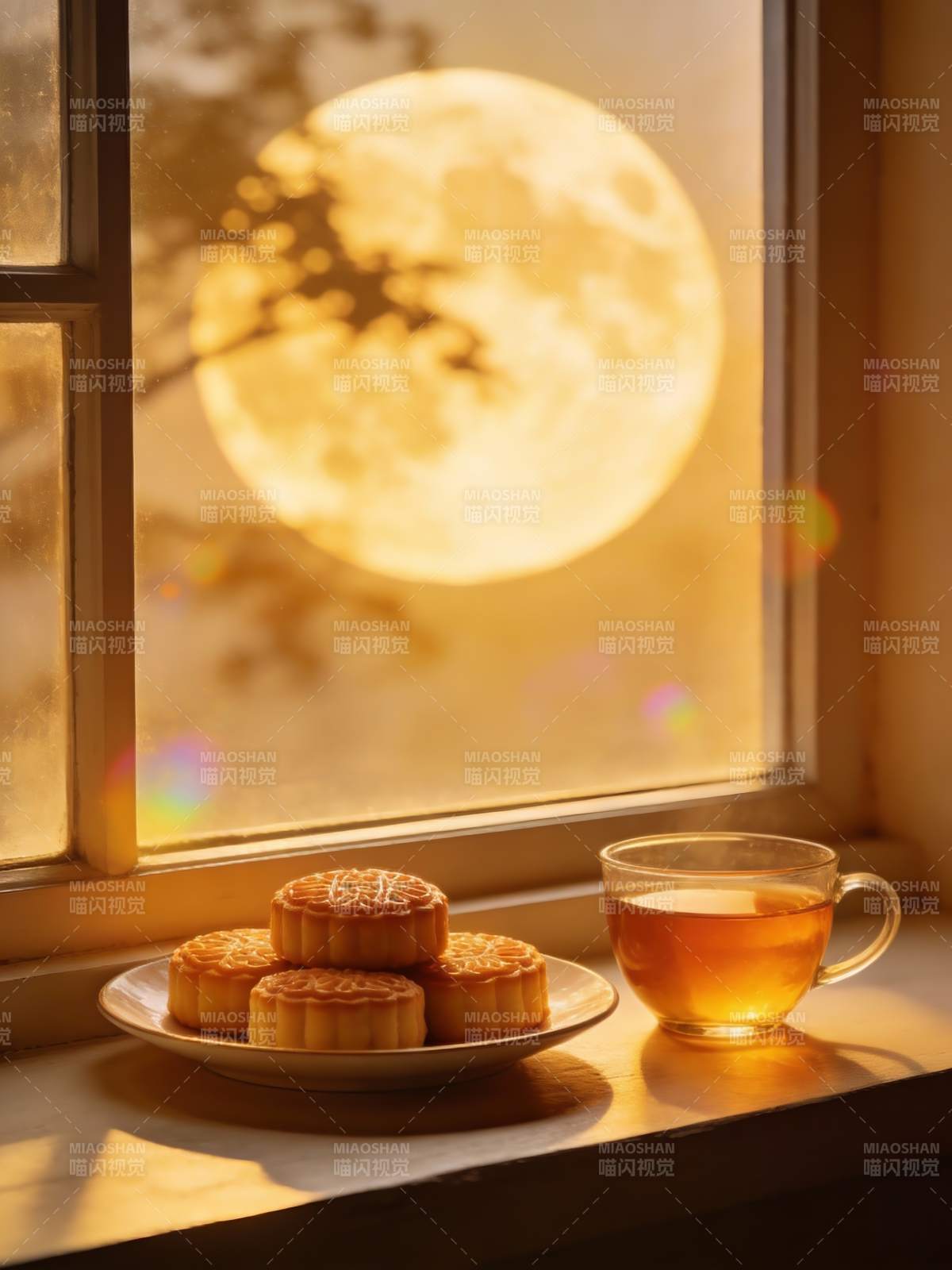 月满窗台 茶伴月饼香图片