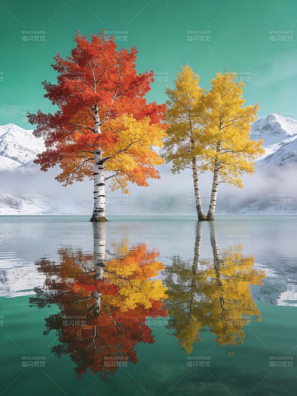秋色映湖 树影如画图片
