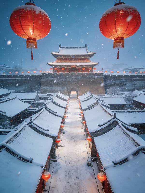 雪夜古街红灯笼图片