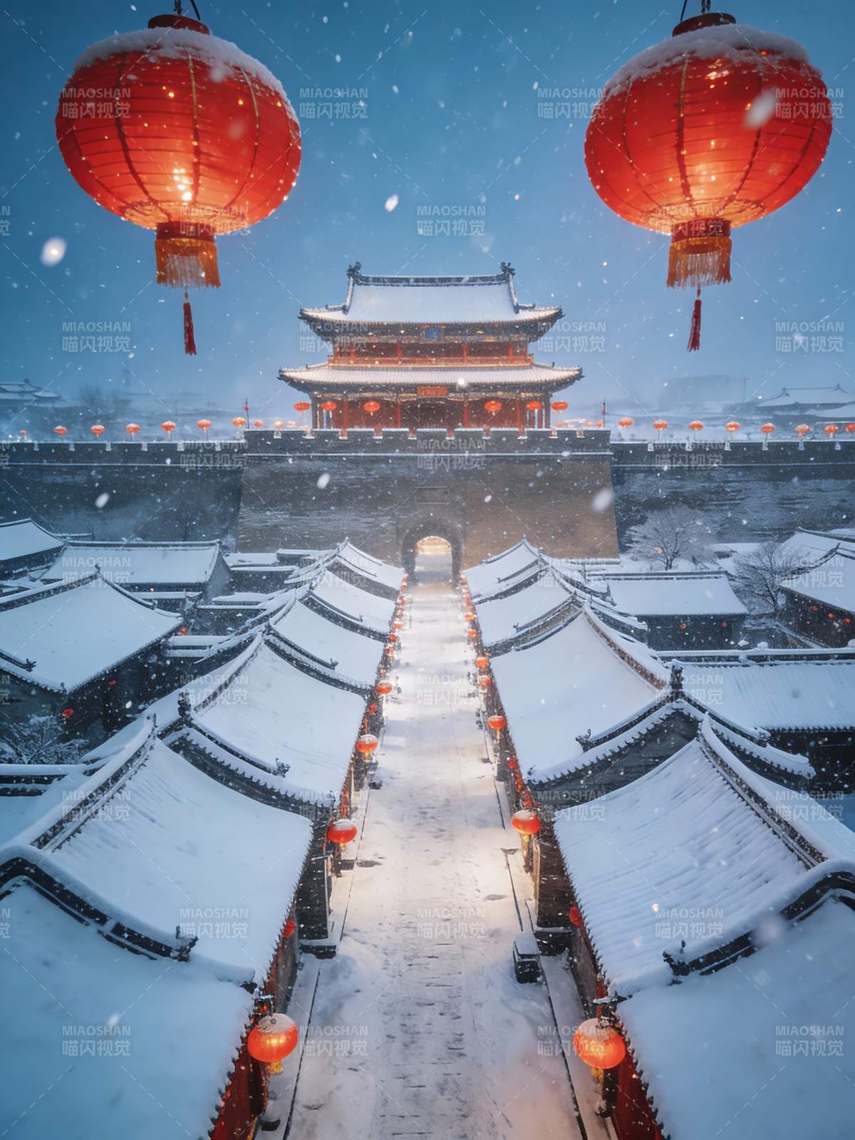 雪夜古街红灯笼图片