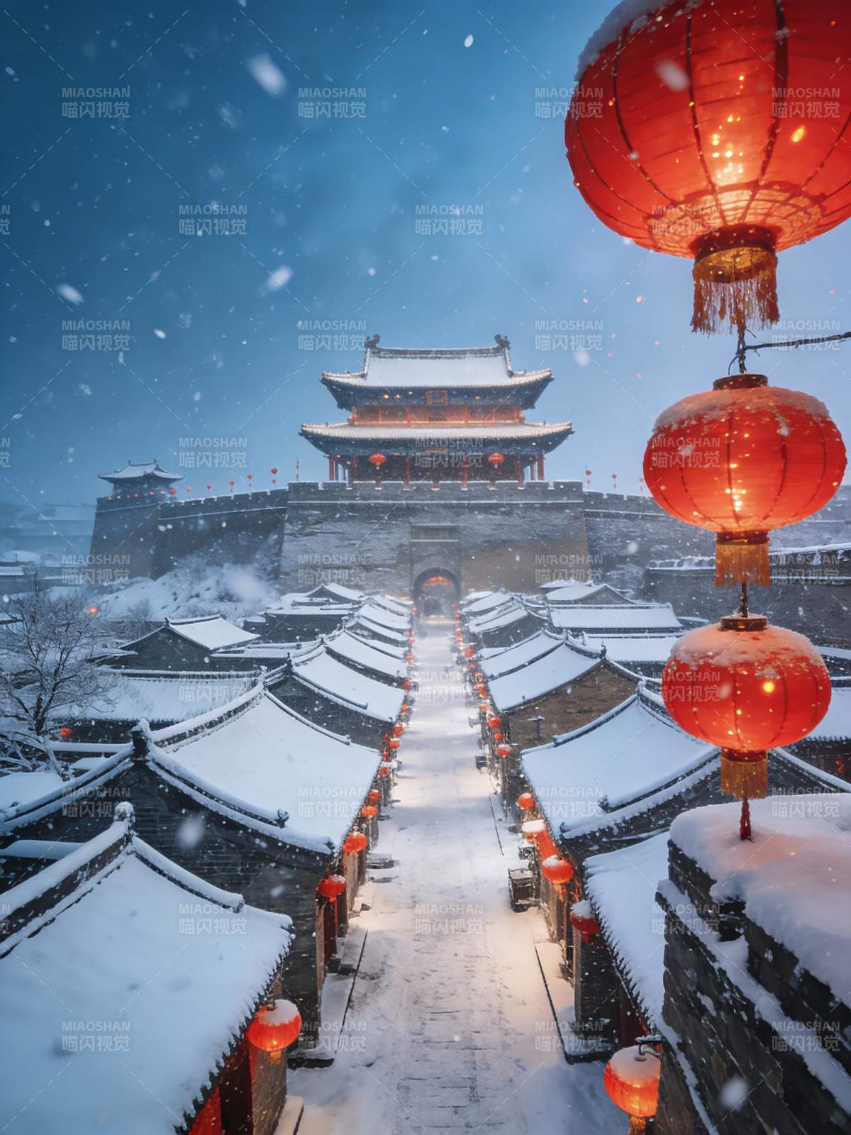 雪夜古城 红灯映古墙图片