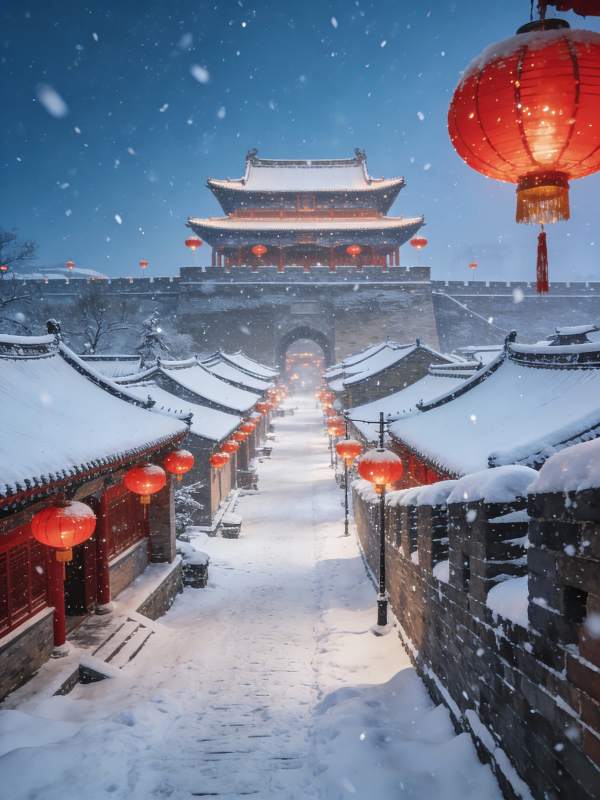雪夜古街红灯笼映城楼图片