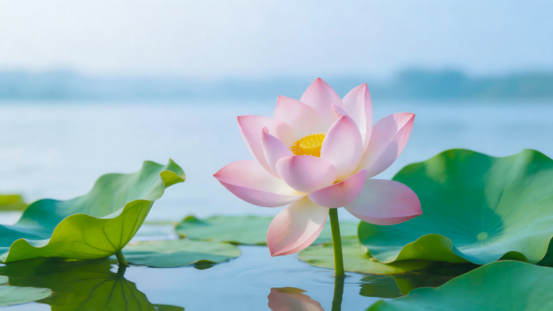 粉莲静绽碧叶间图片