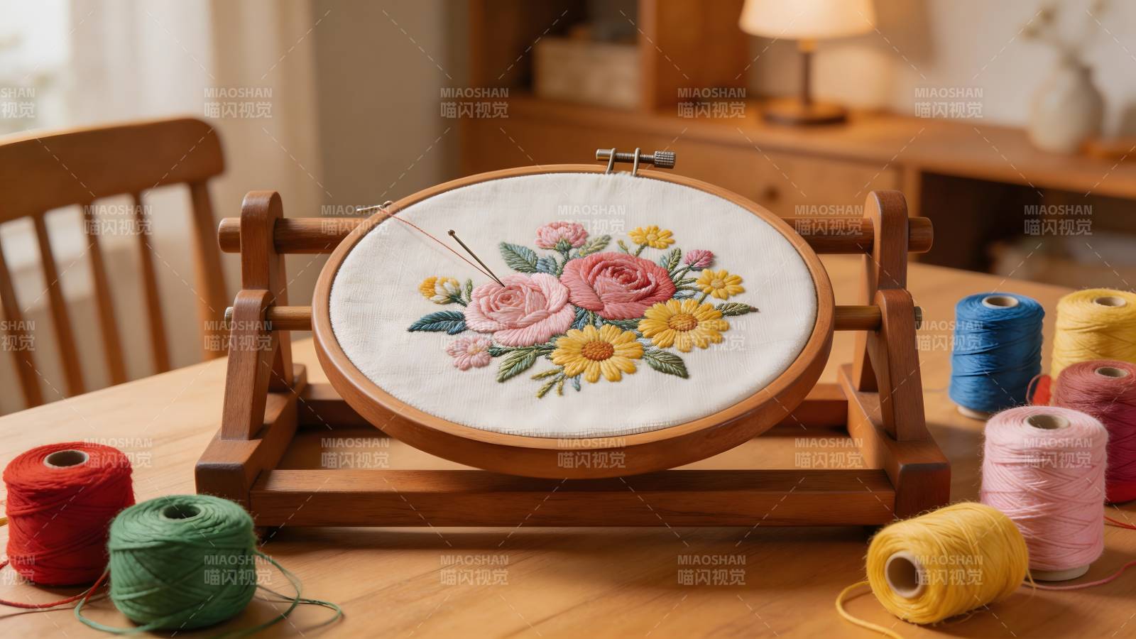 绣绷上的花 线团绕桌旁图片