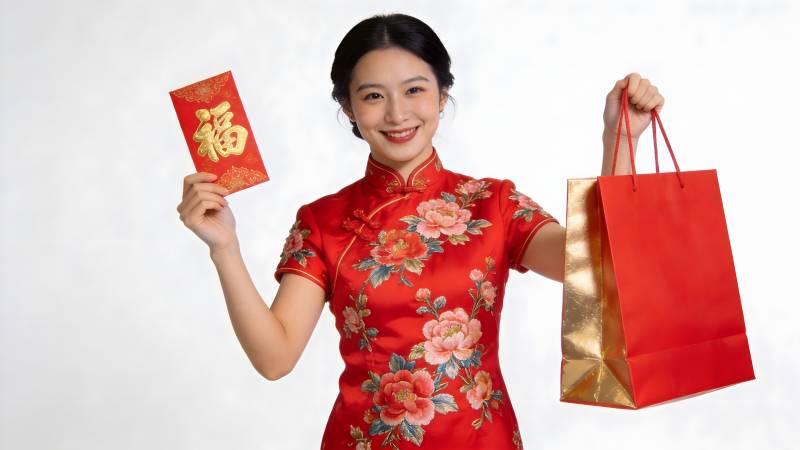 穿旗袍女子持红包与购物袋图片
