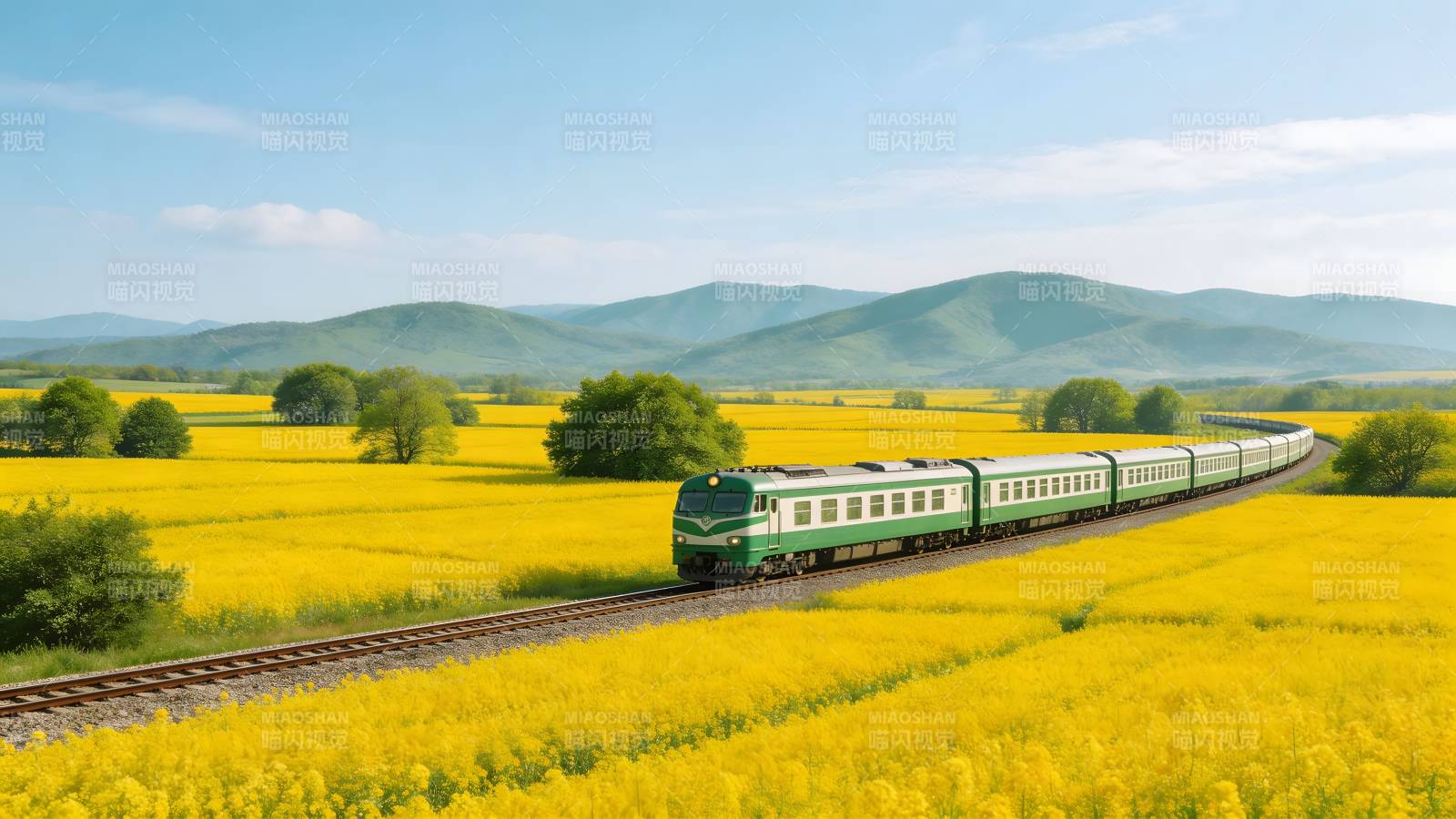 绿火车穿行金黄花海图片