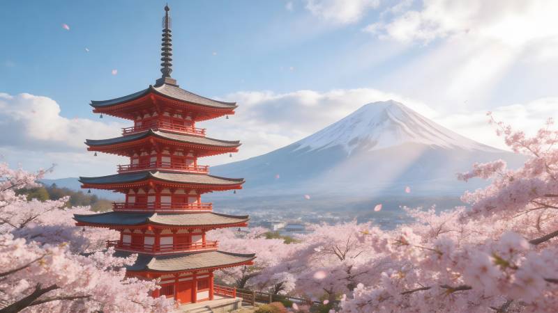 富士山下樱花塔图片