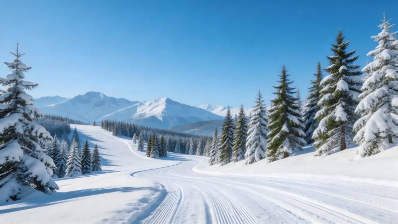 雪径穿林 远山如黛图片