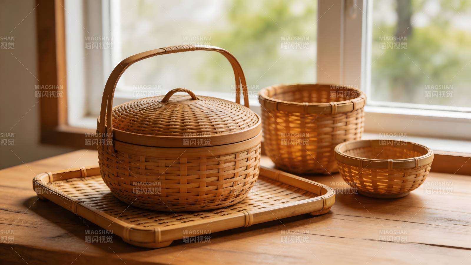 竹编茶具 窗边静美图片
