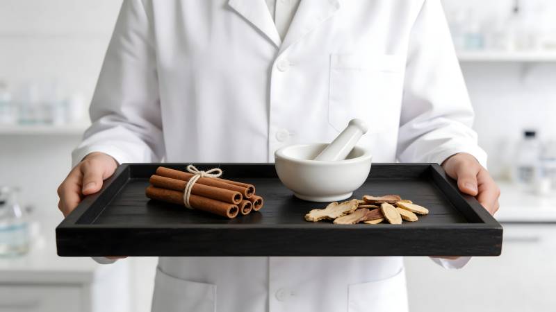 中药师持托盘展示药材图片