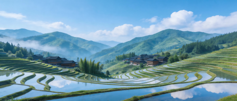 梯田映天 山居如画图片