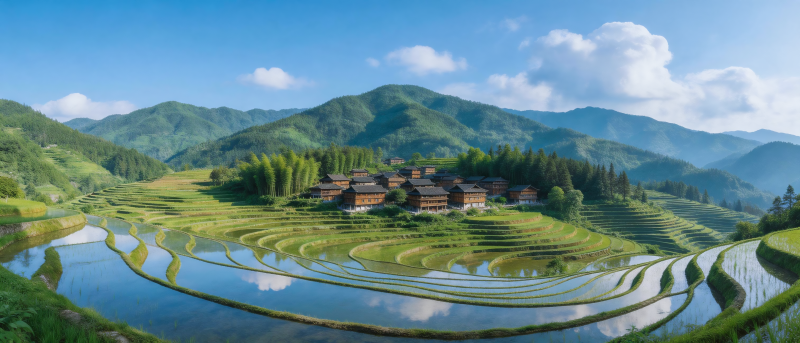 青山梯田映蓝天 古村静卧水云间图片