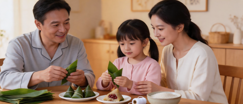一家三口包粽子乐融融图片