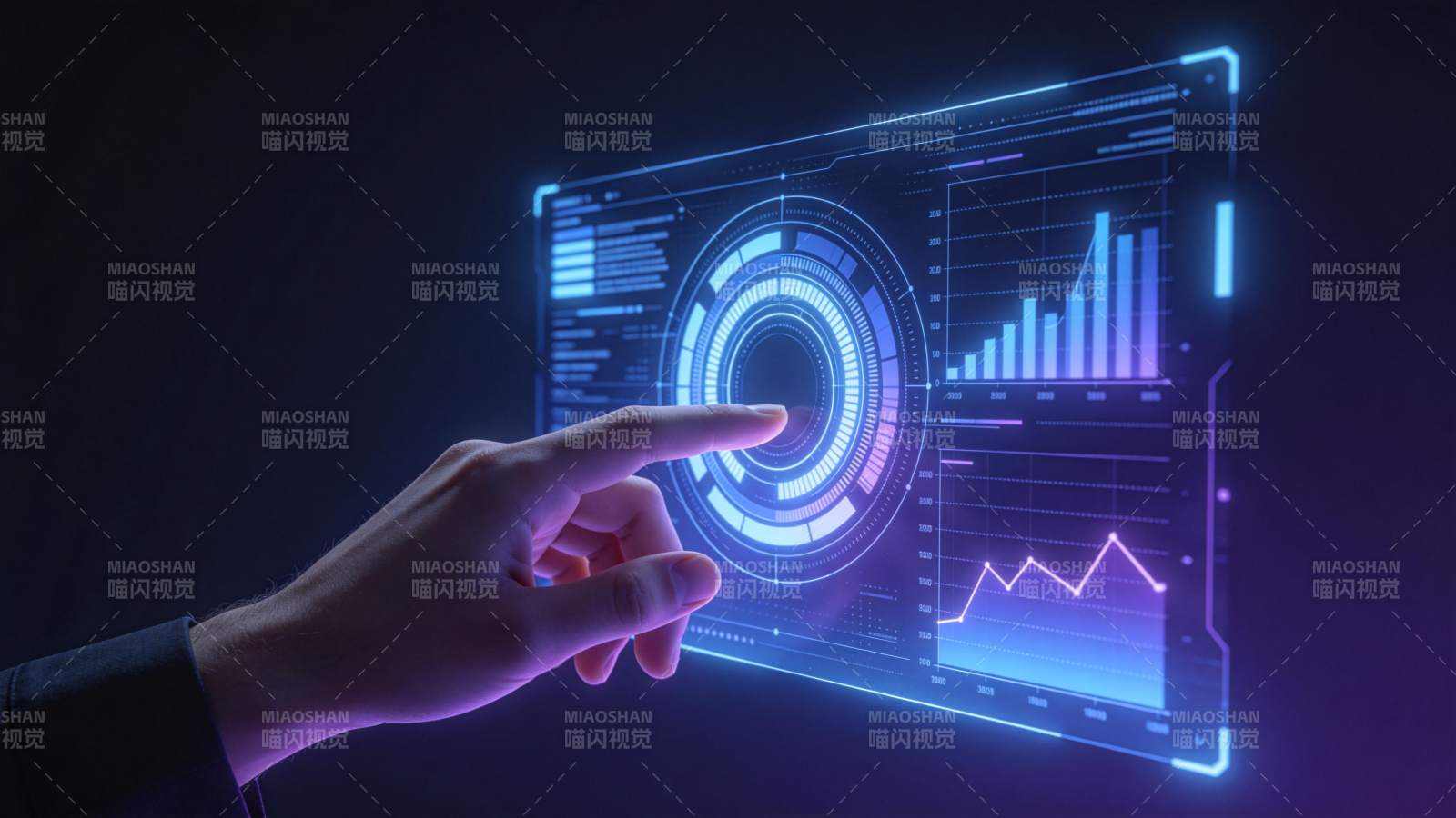 手指触控全息数据界面显示图表信息图片