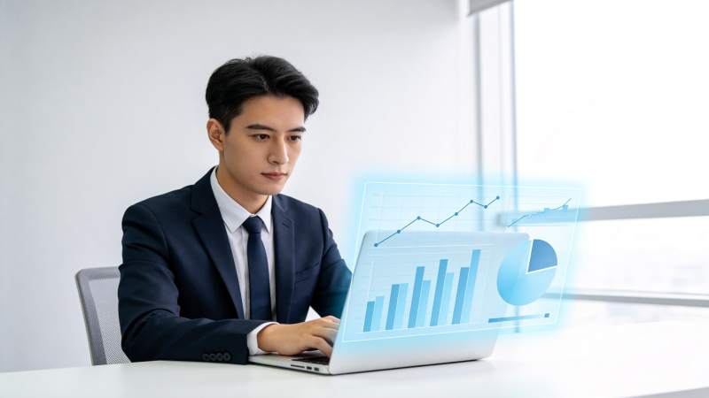 商务人士使用笔记本电脑分析数据图表图片