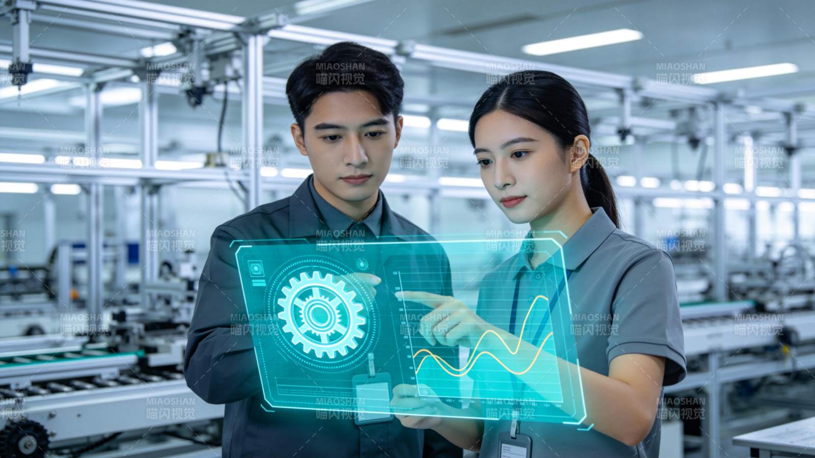 工厂车间内两人操作全息数据界面图片