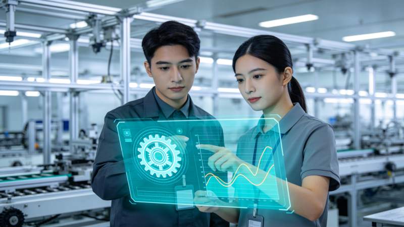 工厂车间内两人操作全息数据界面图片