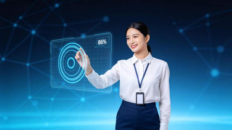 女性操作全息科技界面显示86进度图片
