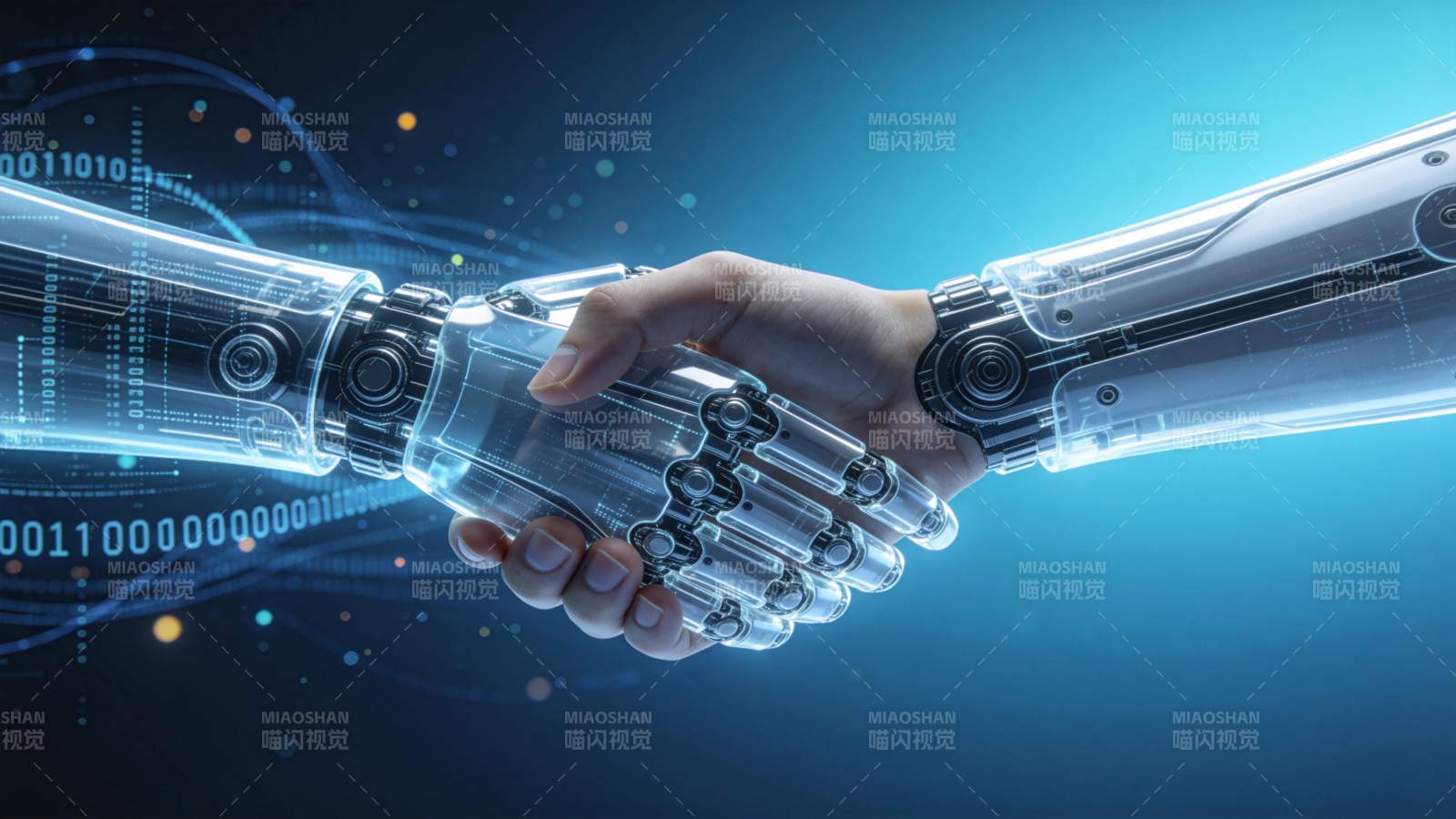 人类手掌与机械手臂握手象征人机协作图片