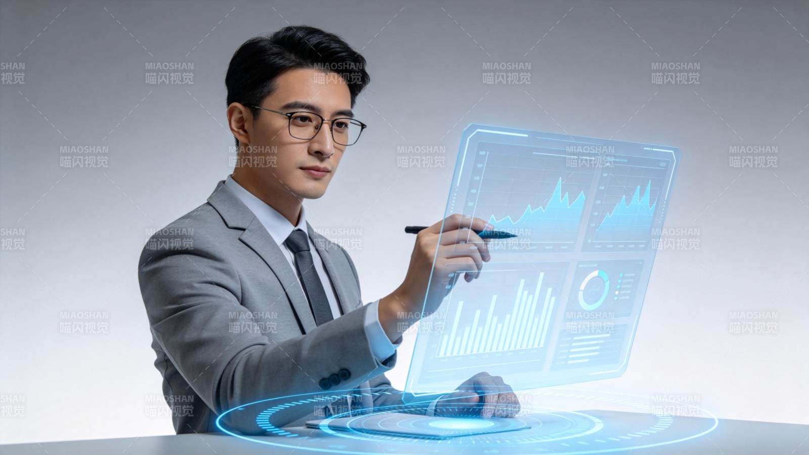 商务人士操作全息数据图表界面图片