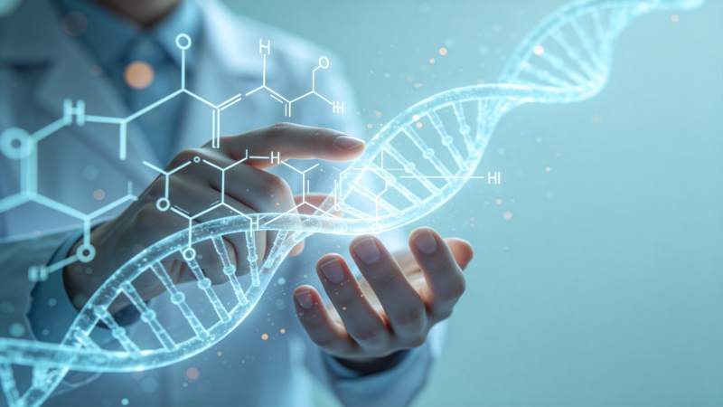 科研人员操作DNA双螺旋与分子结构模型图片