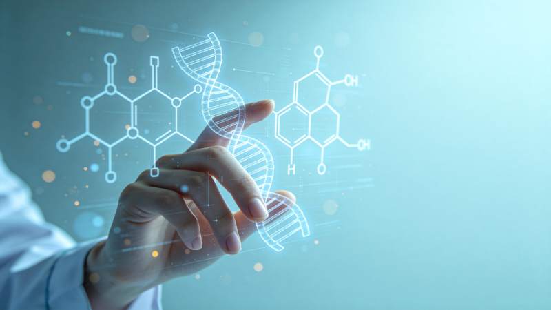 手触虚拟DNA双螺旋与分子结构图图片