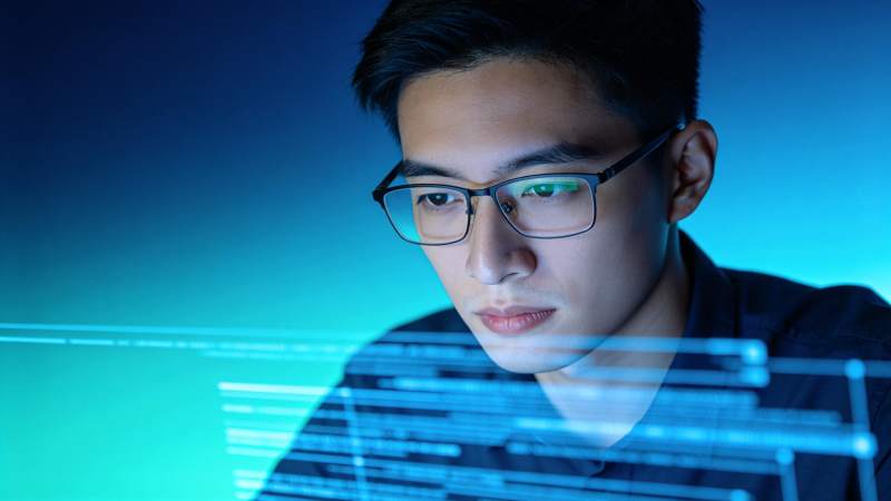 科技青年凝视数据流图片