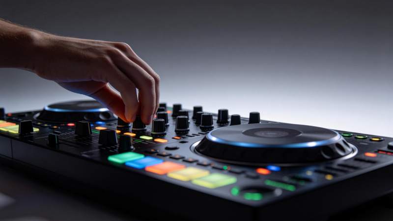 手操作DJ控制器调音台特写图片
