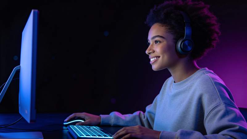 少女戴耳机专注 gaming图片