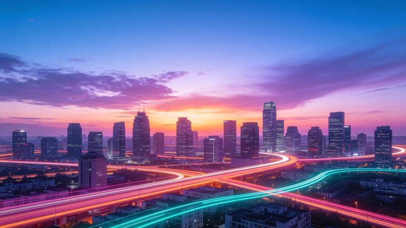 城市高架路车流光轨与摩天楼群黄昏景象图片