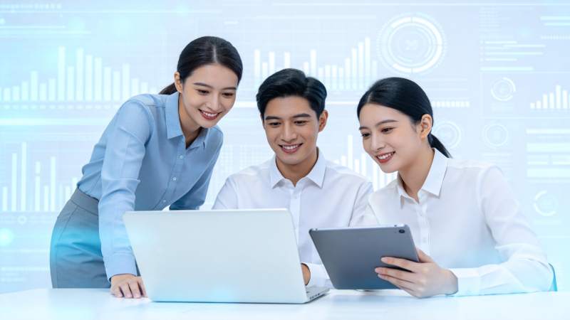 三位职场人员协作使用笔记本与平板电脑图片