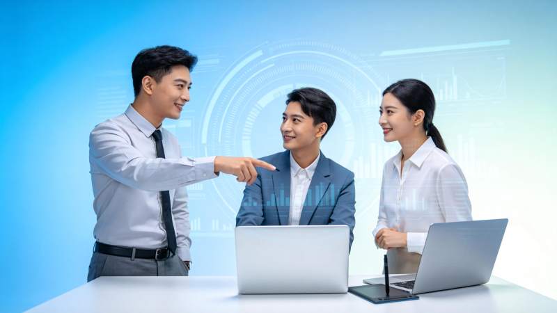 三位职场人员围绕笔记本电脑进行工作讨论图片
