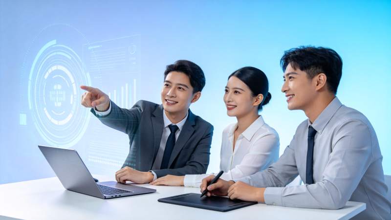 三位职场人员协作分析全息数据图表图片
