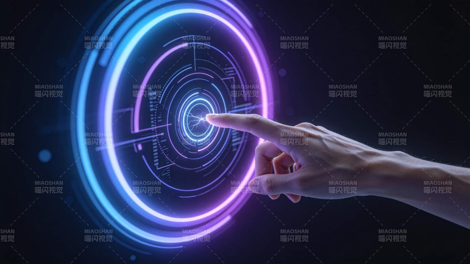 手指触碰科技感全息环形界面图片