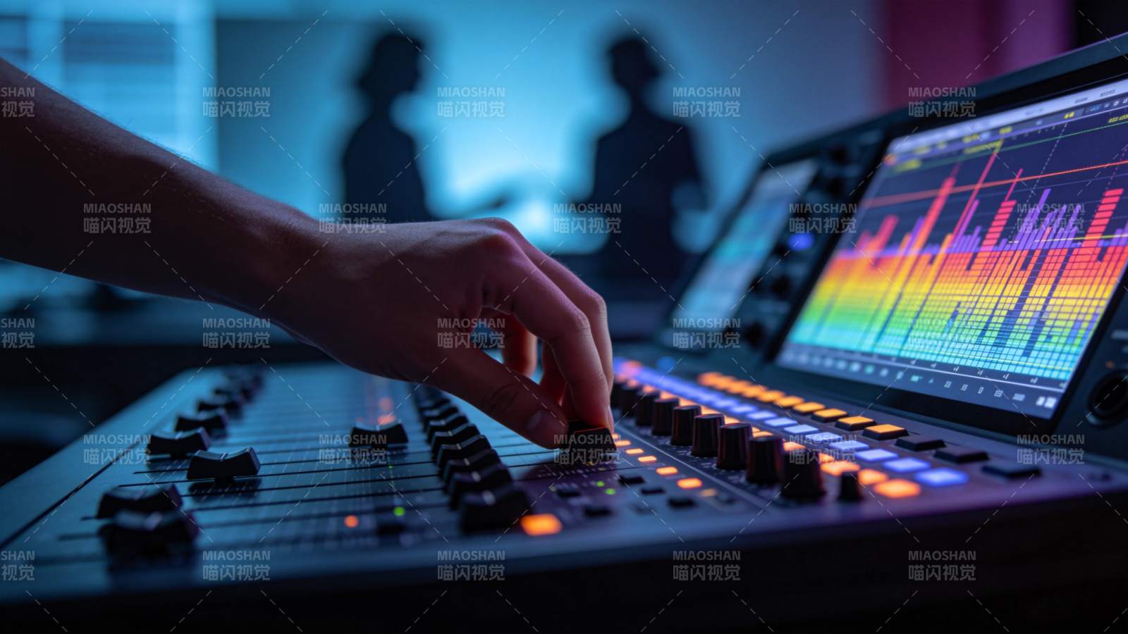 音频调音台前操作手部特写与频谱显示图片