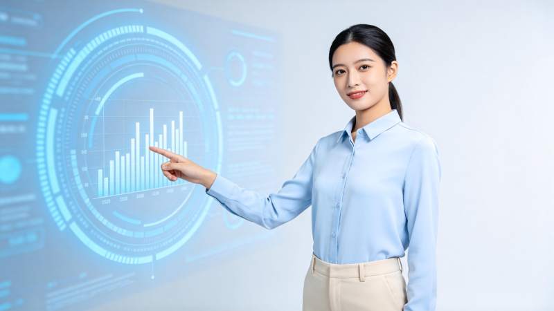 女性指向蓝色科技感数据图表界面图片