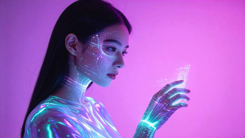 霓虹少女触碰未来科技图片
