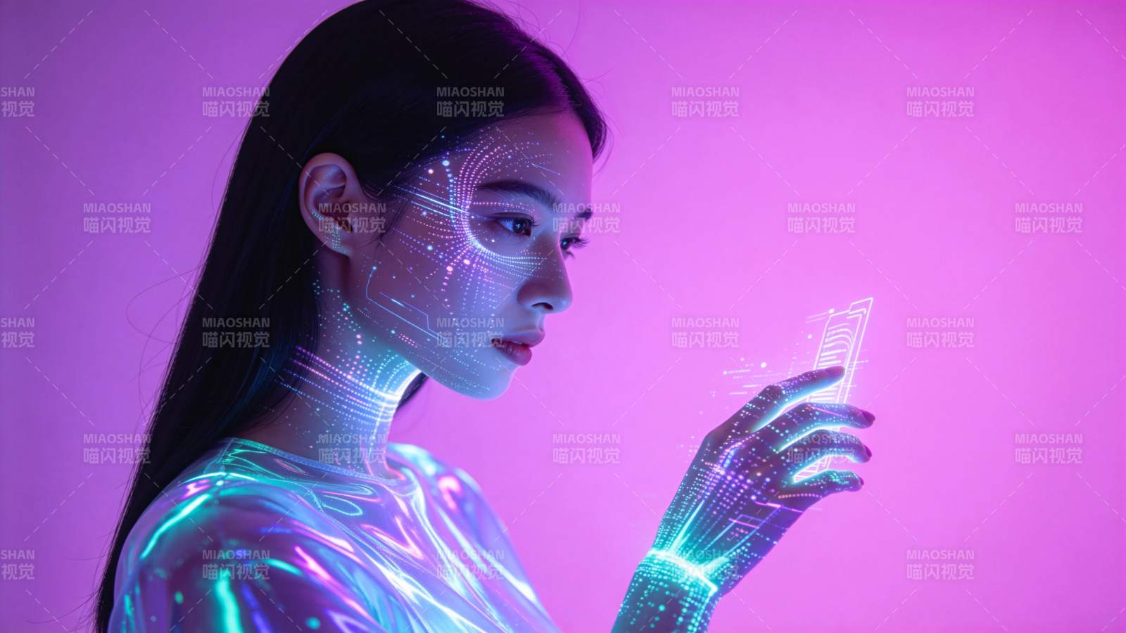 霓虹少女触碰未来科技图片