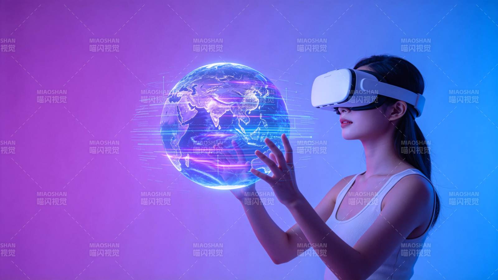 女性佩戴VR设备交互全息地球模型图片