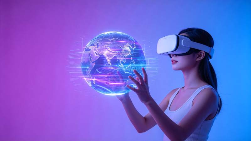 女性佩戴VR设备交互全息地球模型图片