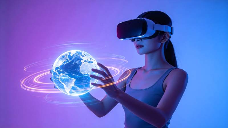 女性佩戴VR设备操控全息地球模型图片