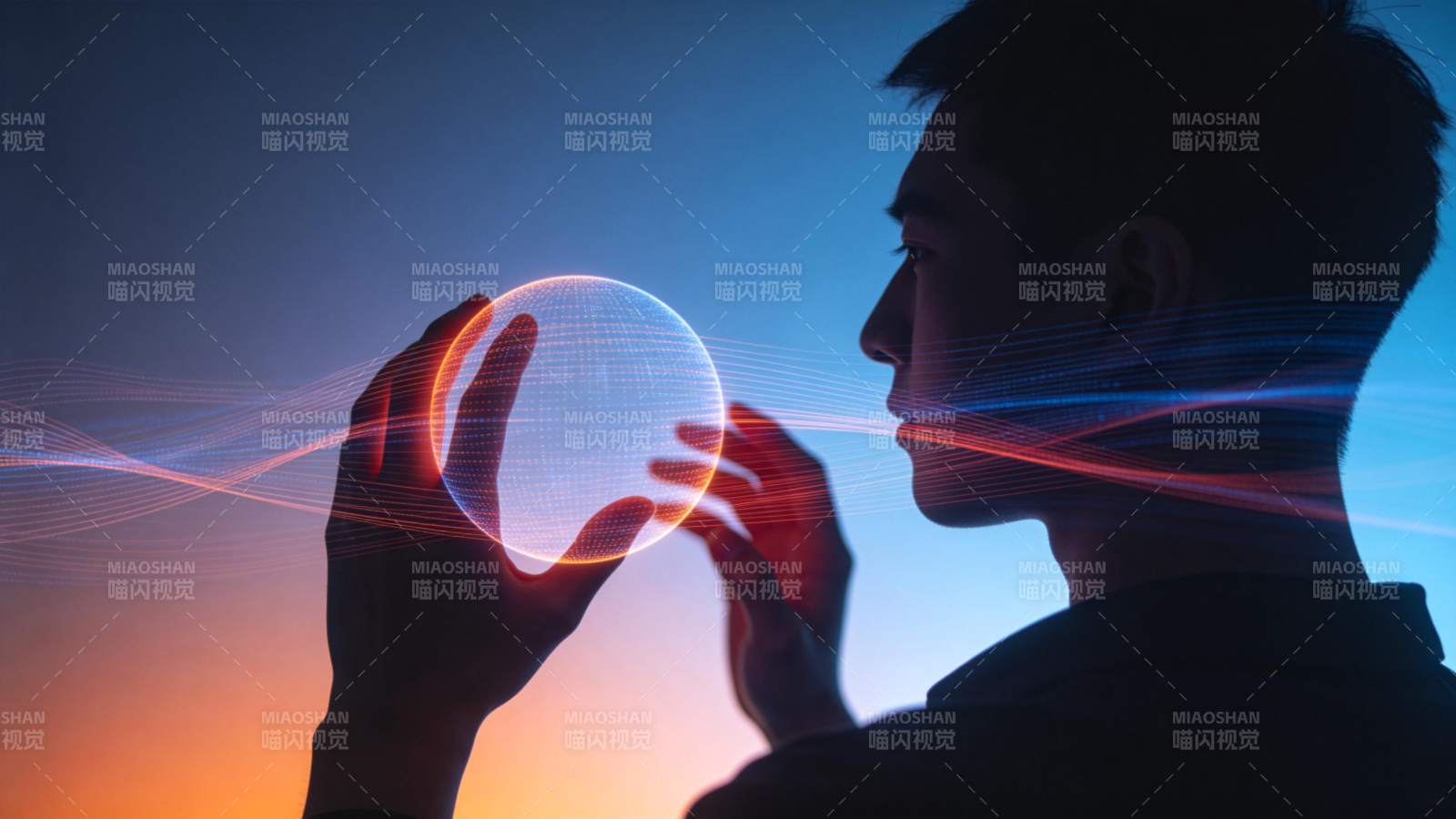 男子双手托举发光网格球体数据流环绕图片