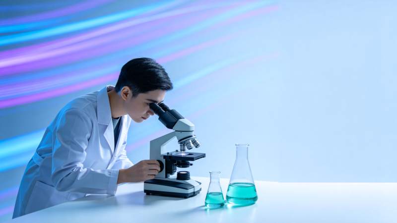 科学家专注显微镜观察图片