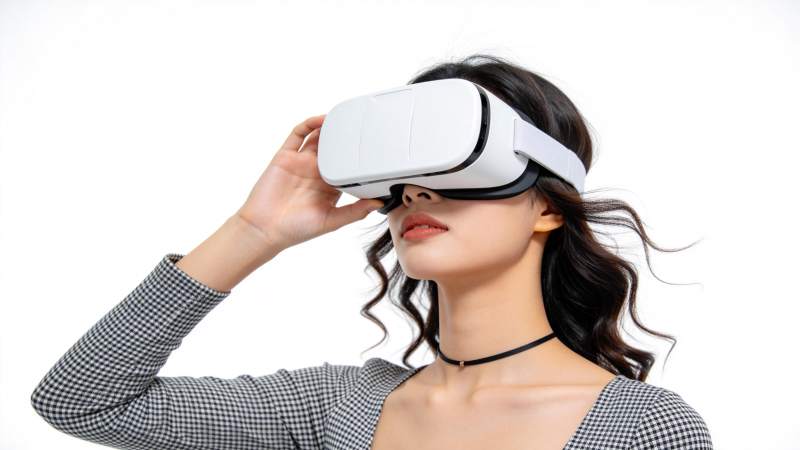 女子戴VR眼镜体验虚拟世界图片